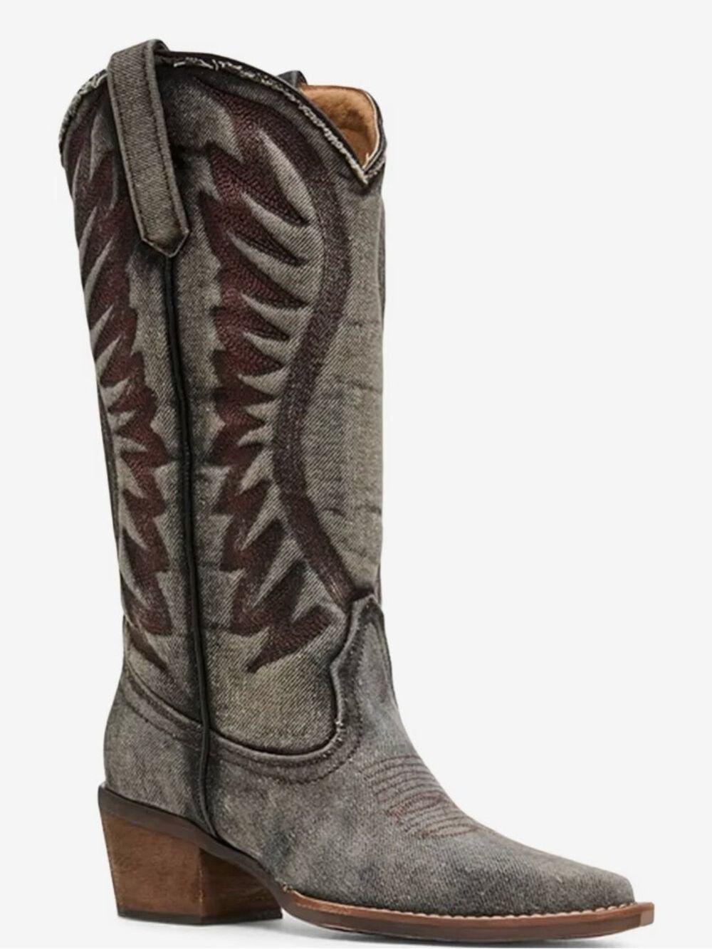 Steve Madden Albany-D Denim Fabric Pointed Toe Western Boots Block Heel - NWT